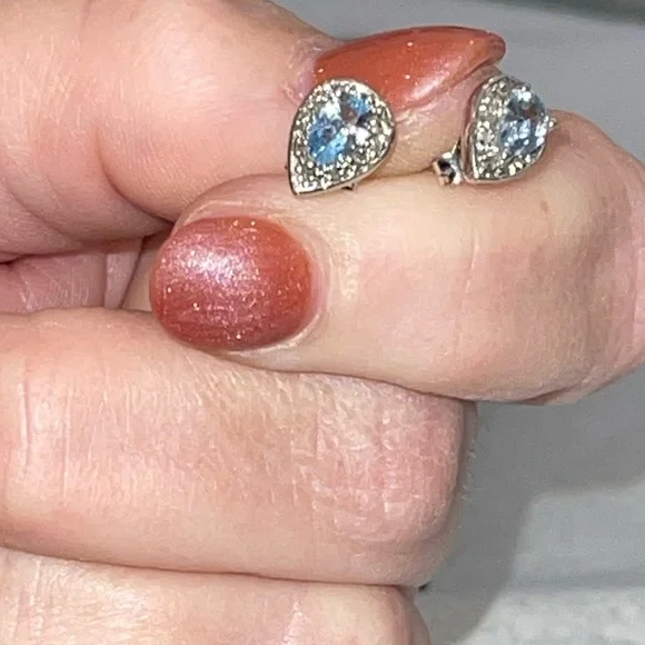 Blue Topaz,Diamonds & Silver Necklace w/Pendant & Pierced Earrings - Picture 13 of 14